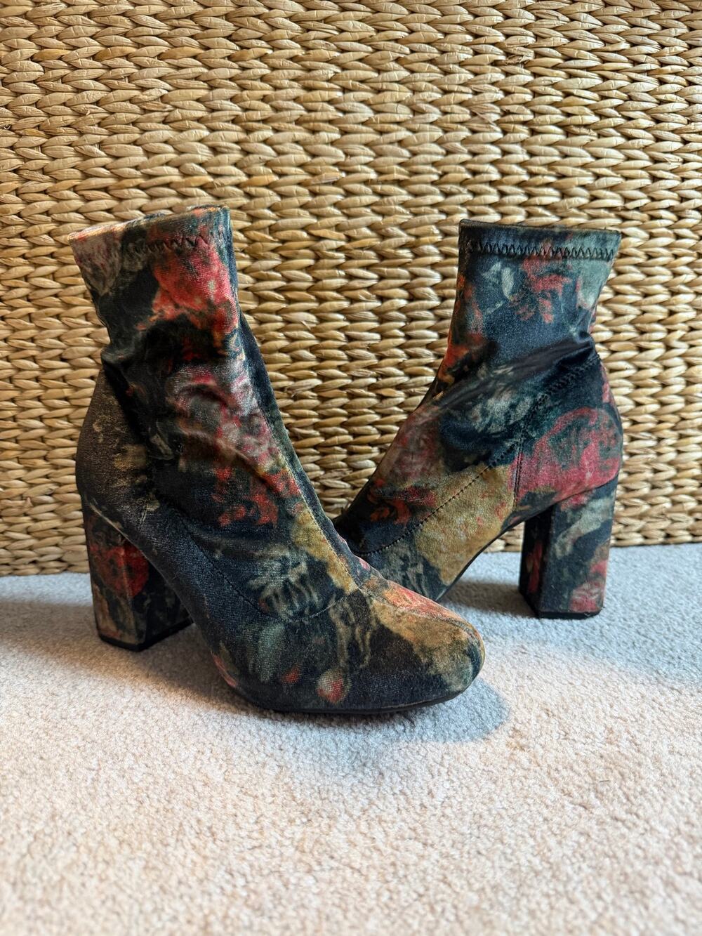 MIA Floral Velvet Sock Booties | Size 7 | Block Heel